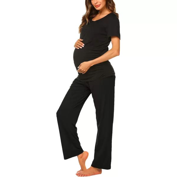 Ekouaer Womens Maternity Nursing Pajamas Sets Breastfeeding Printed Sleepwear Short Sleeve 2 Pcs Henley Top and Pants SetSolid Black