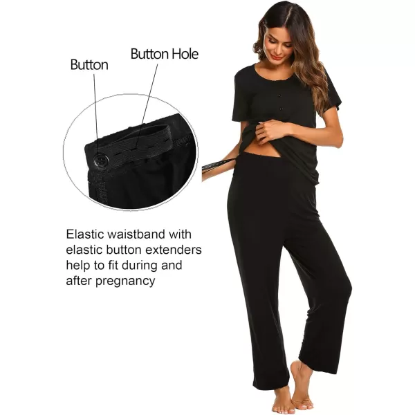 Ekouaer Womens Maternity Nursing Pajamas Sets Breastfeeding Printed Sleepwear Short Sleeve 2 Pcs Henley Top and Pants SetSolid Black