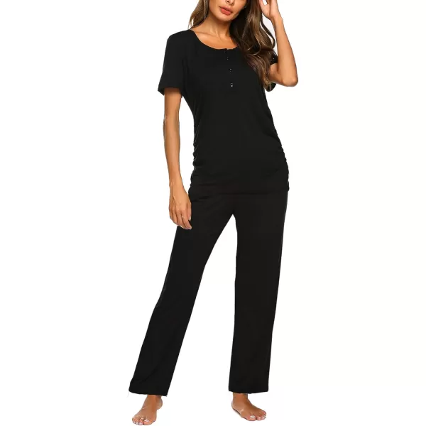 Ekouaer Womens Maternity Nursing Pajamas Sets Breastfeeding Printed Sleepwear Short Sleeve 2 Pcs Henley Top and Pants SetSolid Black