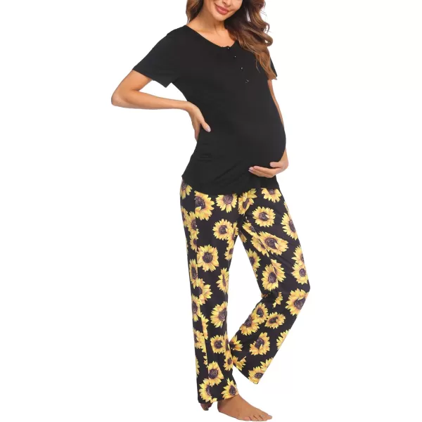 Ekouaer Womens Maternity Nursing Pajamas Sets Breastfeeding Printed Sleepwear Short Sleeve 2 Pcs Henley Top and Pants SetSunflower Printed