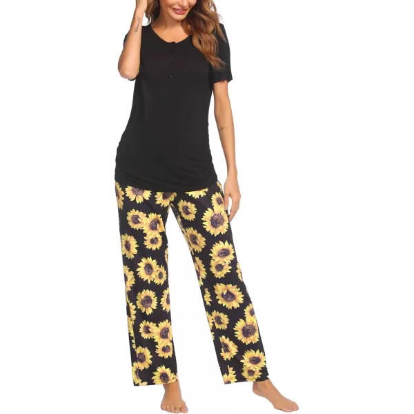 Ekouaer Womens Maternity Nursing Pajamas Sets Breastfeeding Printed Sleepwear Short Sleeve 2 Pcs Henley Top and Pants SetSunflower Printed