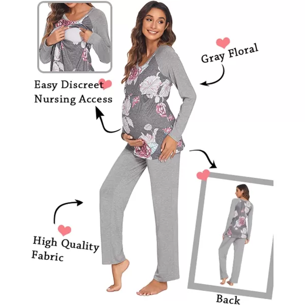 Ekouaer Womens Maternity Nursing Pajamas for Hospital Short Raglan Sleeve Baseball Pregnancy Breastfeeding Sleepwear SetBgray Floral