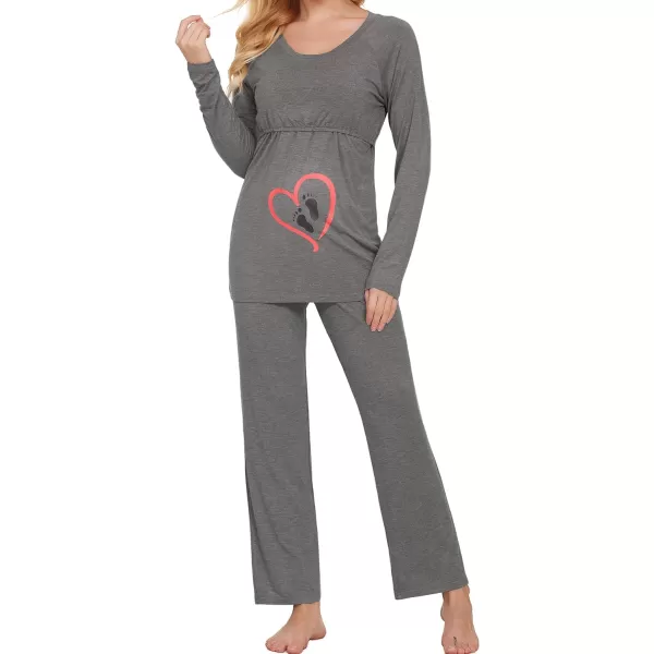 Ekouaer Womens Maternity Nursing Pajamas for Hospital Short Raglan Sleeve Baseball Pregnancy Breastfeeding Sleepwear SetBgray Foot Prints