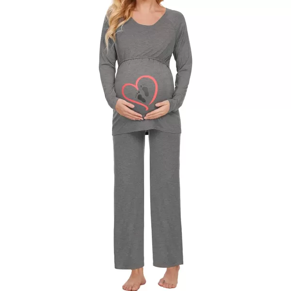 Ekouaer Womens Maternity Nursing Pajamas for Hospital Short Raglan Sleeve Baseball Pregnancy Breastfeeding Sleepwear SetBgray Foot Prints