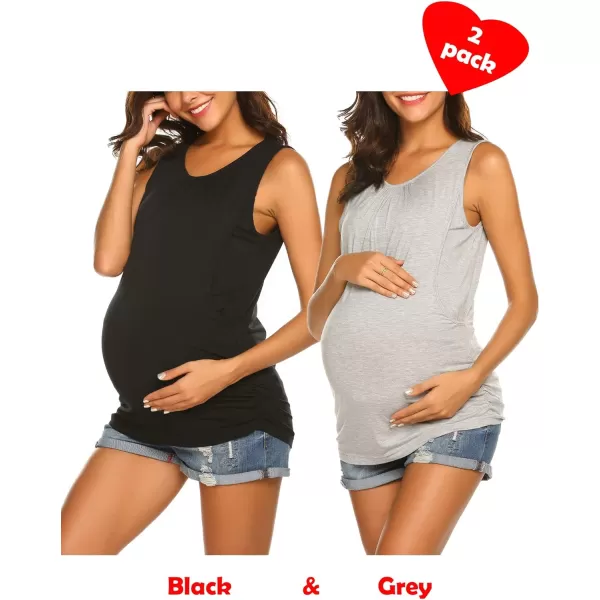 Ekouaer Womens Maternity Nursing Top Breastfeeding Tank Top Tee Shirt Double Layer Sleeveless Pregnancy Shirt2pcs Black  Grey