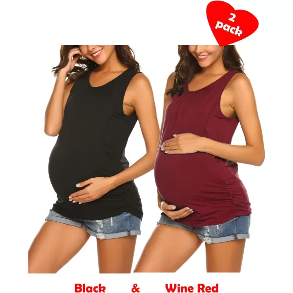 Ekouaer Womens Maternity Nursing Top Breastfeeding Tank Top Tee Shirt Double Layer Sleeveless Pregnancy Shirt2pcs Black  Wine Red