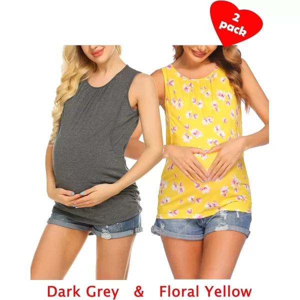 Ekouaer Womens Maternity Nursing Top Breastfeeding Tank Top Tee Shirt Double Layer Sleeveless Pregnancy Shirt2pcs Dark Grey  Floral Yellow