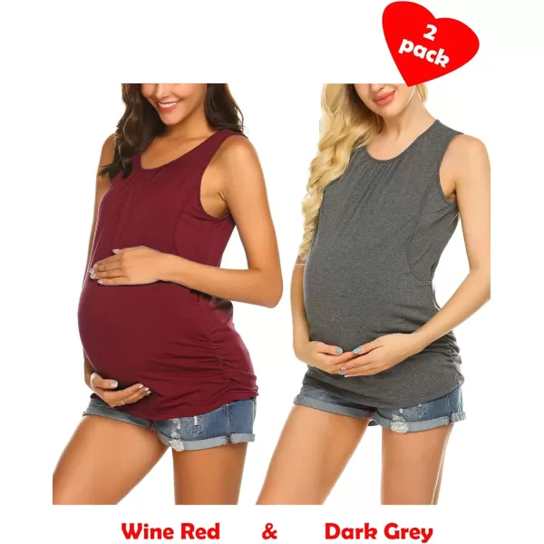 Ekouaer Womens Maternity Nursing Top Breastfeeding Tank Top Tee Shirt Double Layer Sleeveless Pregnancy Shirt2pcs Dark Grey  Wine Red