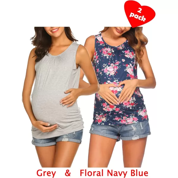 Ekouaer Womens Maternity Nursing Top Breastfeeding Tank Top Tee Shirt Double Layer Sleeveless Pregnancy Shirt2pcs Grey  Floral Navy Blue