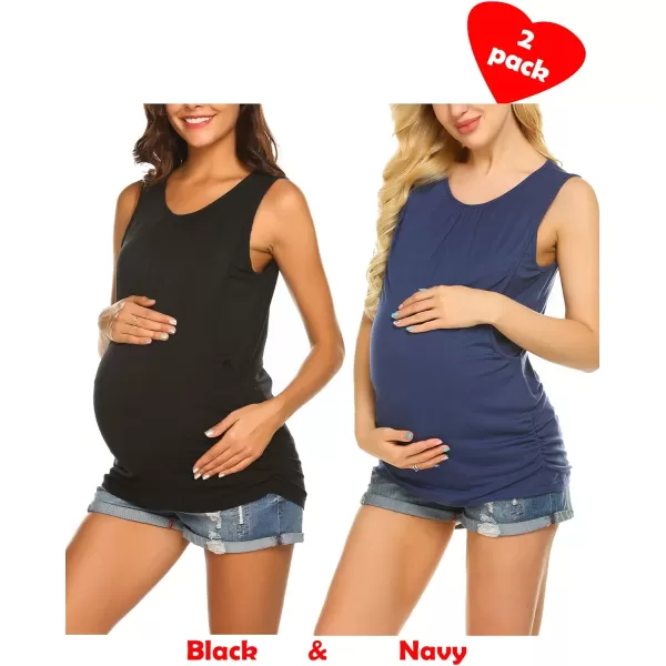 Ekouaer Womens Maternity Nursing Top Breastfeeding Tank Top Tee Shirt Double Layer Sleeveless Pregnancy Shirt2pcs Navy  Black