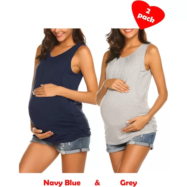 Ekouaer Womens Maternity Nursing Top Breastfeeding Tank Top Tee Shirt Double Layer Sleeveless Pregnancy Shirt2pcs Navy Blue  Grey