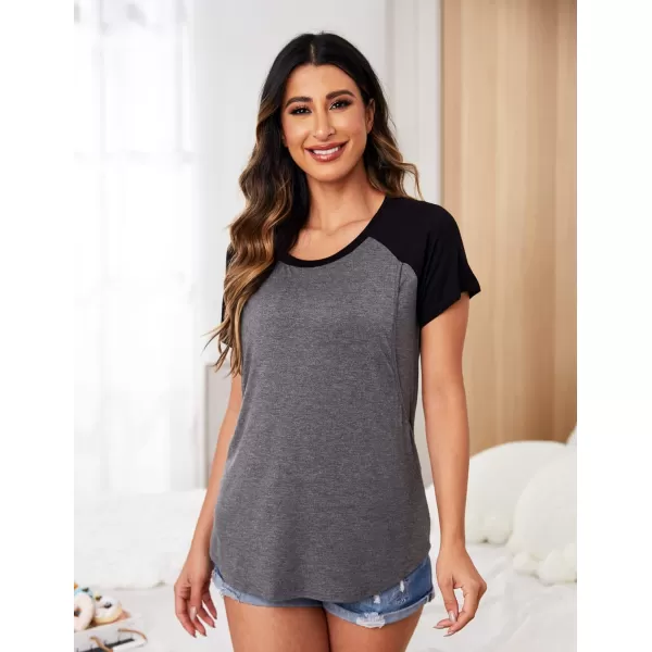 Ekouaer Womens Maternity Nursing Tops Raglan Sleeve Breastfeeding Shirts Double Layer Summer Pregnancy Tee ShirtDark Grey