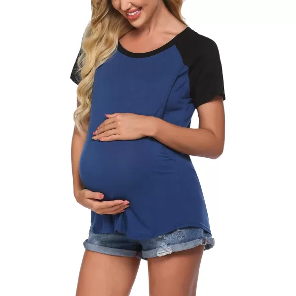 Ekouaer Womens Maternity Nursing Tops Raglan Sleeve Breastfeeding Shirts Double Layer Summer Pregnancy Tee ShirtNavy