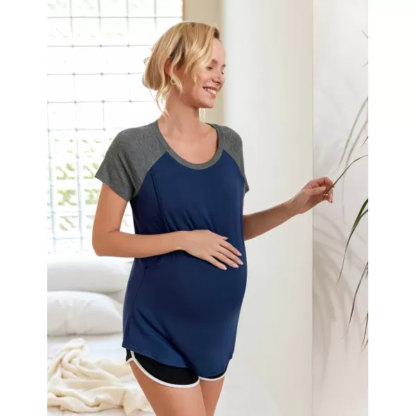 Ekouaer Womens Maternity Nursing Tops Raglan Sleeve Breastfeeding Shirts Double Layer Summer Pregnancy Tee ShirtNavy Blue