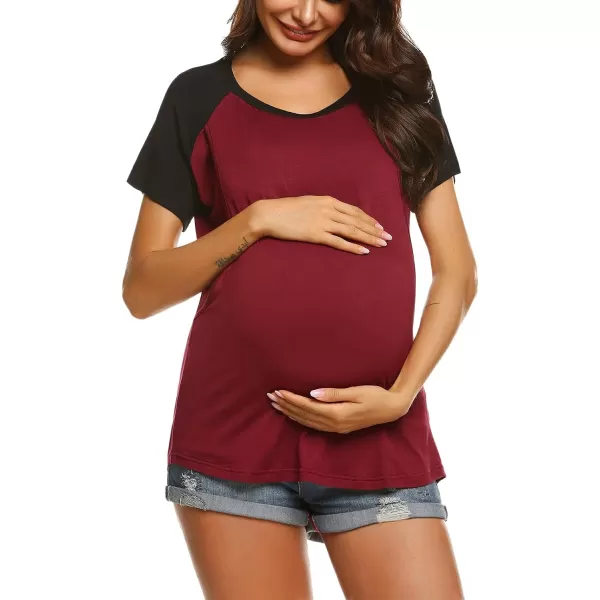 Ekouaer Womens Maternity Nursing Tops Raglan Sleeve Breastfeeding Shirts Double Layer Summer Pregnancy Tee ShirtWine Red