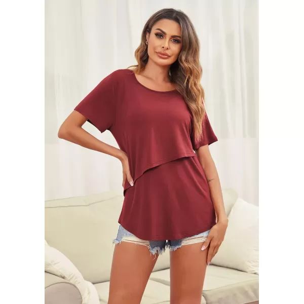 Ekouaer Womens Maternity Nursing Tops Short Sleeve Double Layer Breastfeeding Tee Shirts SXXL1pcs Wine Red