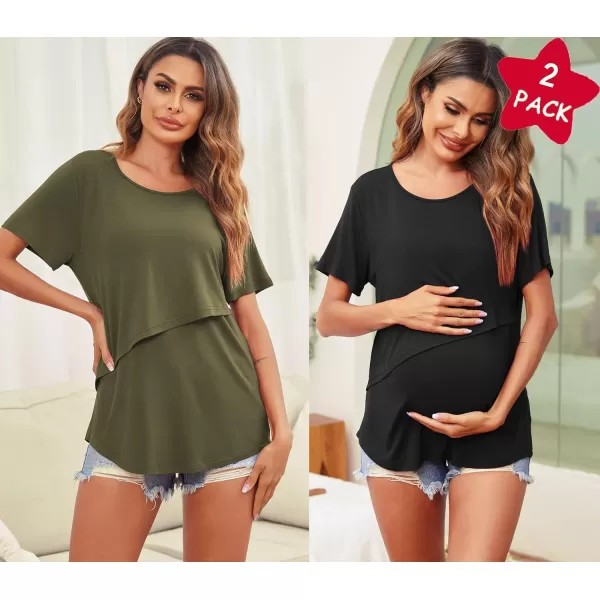 Ekouaer Womens Maternity Nursing Tops Short Sleeve Double Layer Breastfeeding Tee Shirts SXXL2pcs Army Green  Black