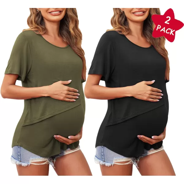 Ekouaer Womens Maternity Nursing Tops Short Sleeve Double Layer Breastfeeding Tee Shirts SXXL2pcs Army Green  Black