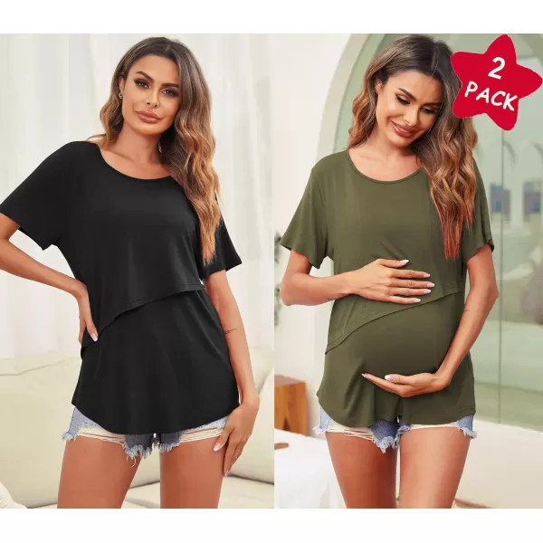 Ekouaer Womens Maternity Nursing Tops Short Sleeve Double Layer Breastfeeding Tee Shirts SXXL2pcs Army Green  Black