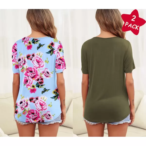 Ekouaer Womens Maternity Nursing Tops Short Sleeve Double Layer Breastfeeding Tee Shirts SXXL2pcs Army Green  Blue Floral