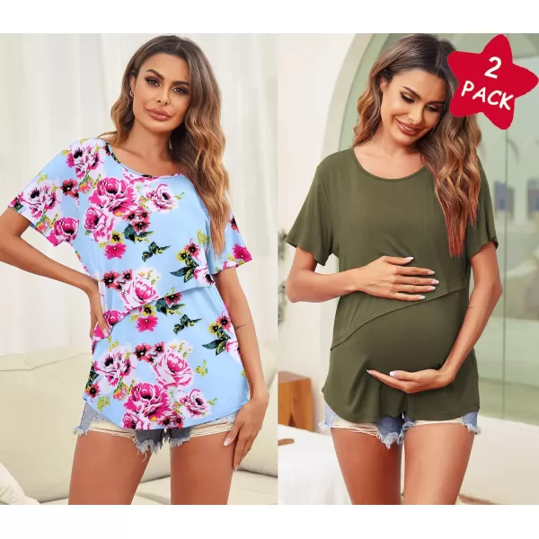 Ekouaer Womens Maternity Nursing Tops Short Sleeve Double Layer Breastfeeding Tee Shirts SXXL2pcs Army Green  Blue Floral