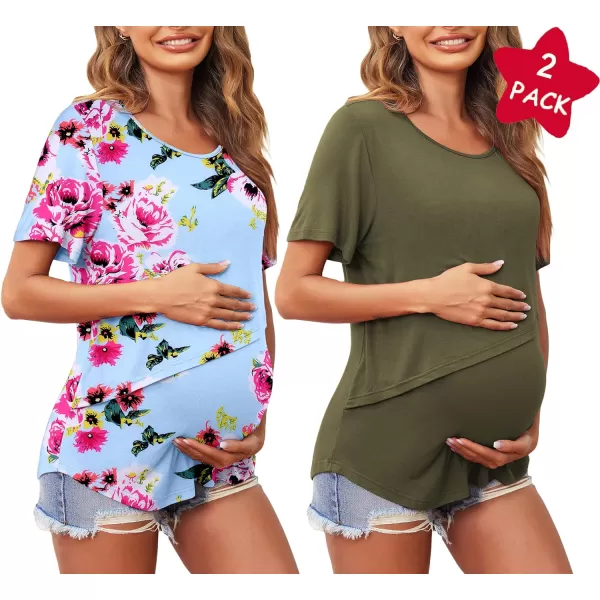 Ekouaer Womens Maternity Nursing Tops Short Sleeve Double Layer Breastfeeding Tee Shirts SXXL2pcs Army Green  Blue Floral