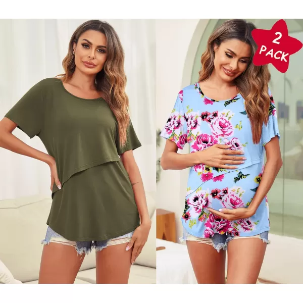 Ekouaer Womens Maternity Nursing Tops Short Sleeve Double Layer Breastfeeding Tee Shirts SXXL2pcs Army Green  Blue Floral