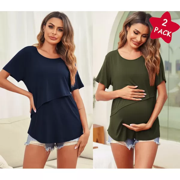 Ekouaer Womens Maternity Nursing Tops Short Sleeve Double Layer Breastfeeding Tee Shirts SXXL2pcs Army Green  Navy Blue