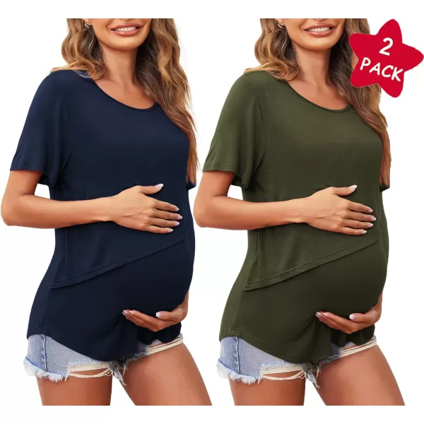 Ekouaer Womens Maternity Nursing Tops Short Sleeve Double Layer Breastfeeding Tee Shirts SXXL2pcs Army Green  Navy Blue