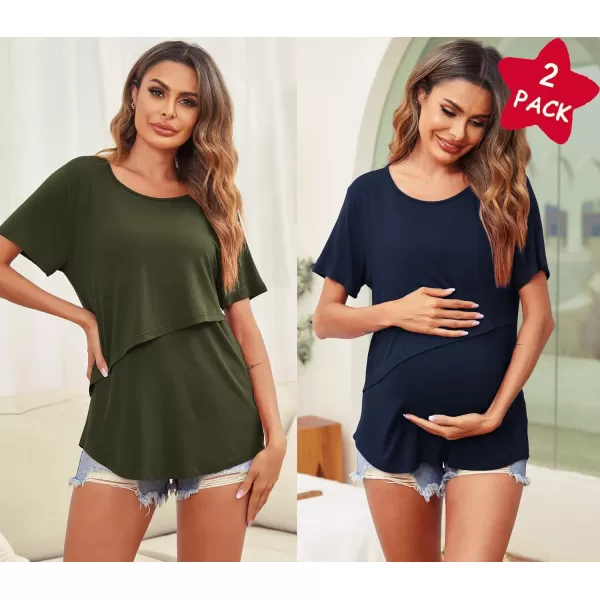 Ekouaer Womens Maternity Nursing Tops Short Sleeve Double Layer Breastfeeding Tee Shirts SXXL2pcs Army Green  Navy Blue