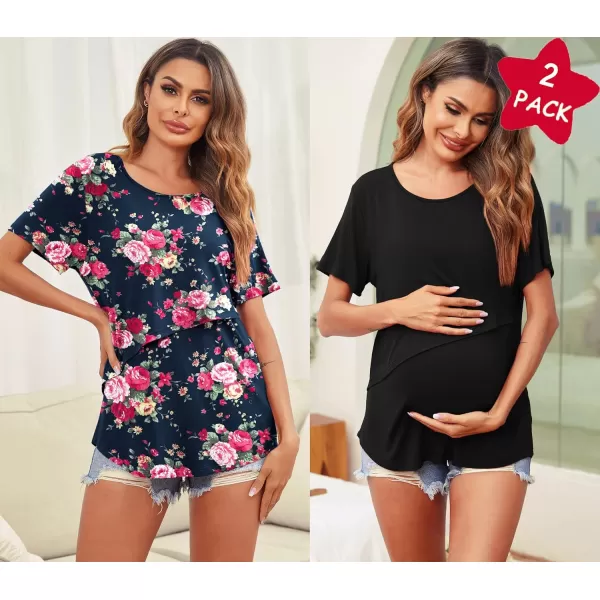 Ekouaer Womens Maternity Nursing Tops Short Sleeve Double Layer Breastfeeding Tee Shirts SXXL2pcs Black  Color1