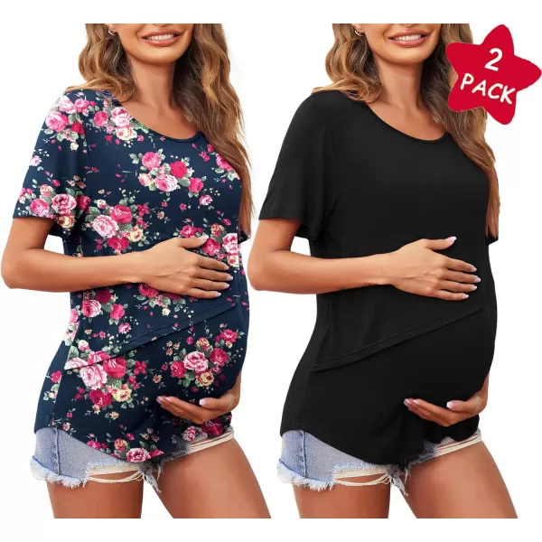 Ekouaer Womens Maternity Nursing Tops Short Sleeve Double Layer Breastfeeding Tee Shirts SXXL2pcs Black  Color1