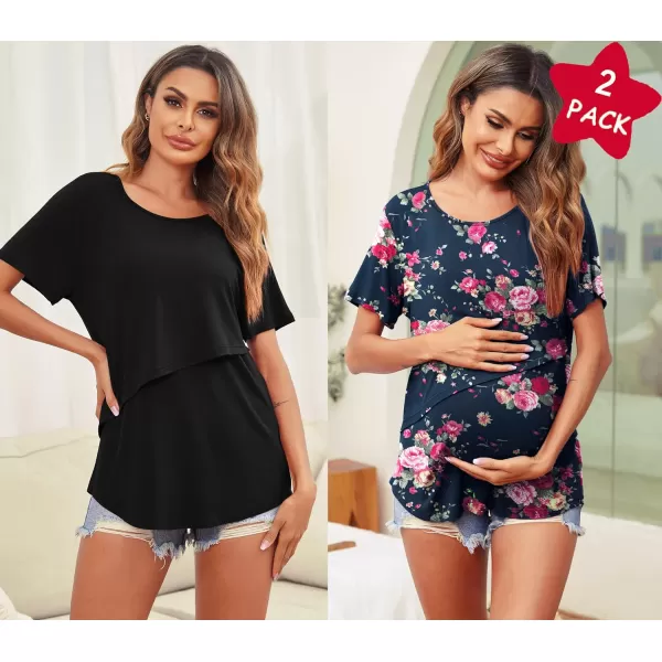 Ekouaer Womens Maternity Nursing Tops Short Sleeve Double Layer Breastfeeding Tee Shirts SXXL2pcs Black  Color1