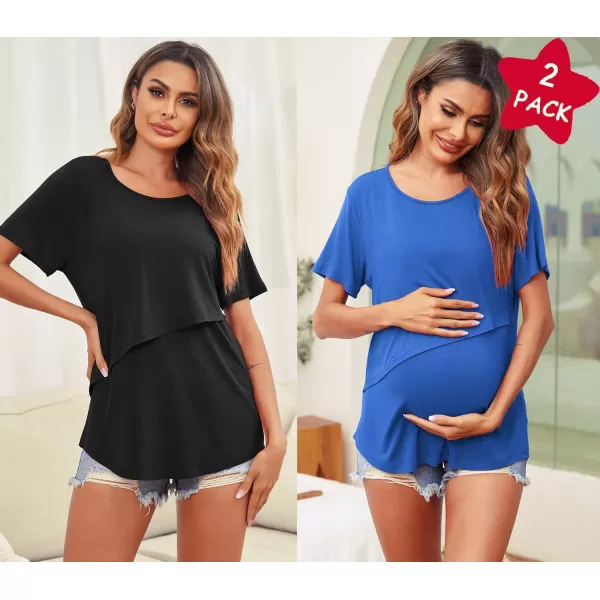 Ekouaer Womens Maternity Nursing Tops Short Sleeve Double Layer Breastfeeding Tee Shirts SXXL2pcs Blue  Black