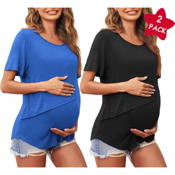 Ekouaer Womens Maternity Nursing Tops Short Sleeve Double Layer Breastfeeding Tee Shirts SXXL2pcs Blue  Black