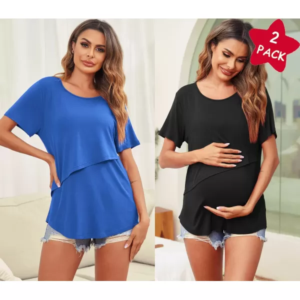 Ekouaer Womens Maternity Nursing Tops Short Sleeve Double Layer Breastfeeding Tee Shirts SXXL2pcs Blue  Black