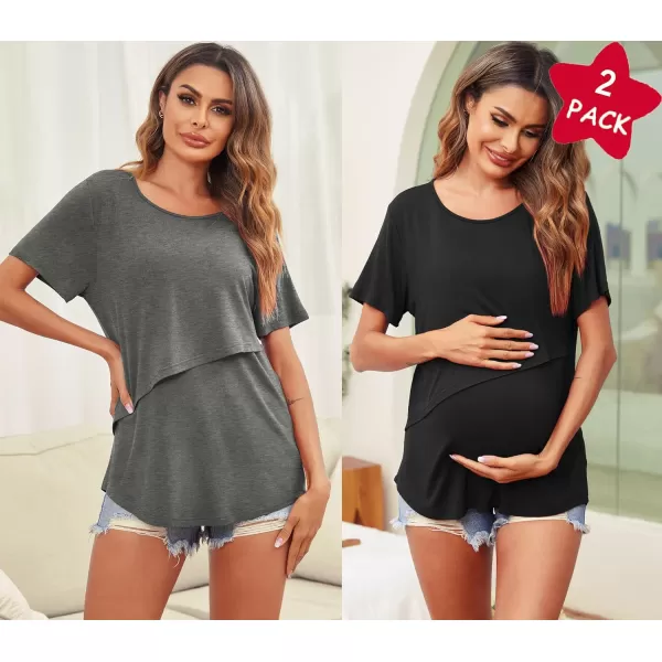 Ekouaer Womens Maternity Nursing Tops Short Sleeve Double Layer Breastfeeding Tee Shirts SXXL2pcs Grey  Black