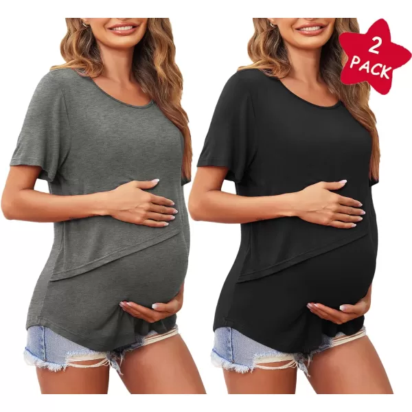 Ekouaer Womens Maternity Nursing Tops Short Sleeve Double Layer Breastfeeding Tee Shirts SXXL2pcs Grey  Black