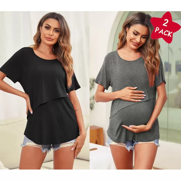 Ekouaer Womens Maternity Nursing Tops Short Sleeve Double Layer Breastfeeding Tee Shirts SXXL2pcs Grey  Black