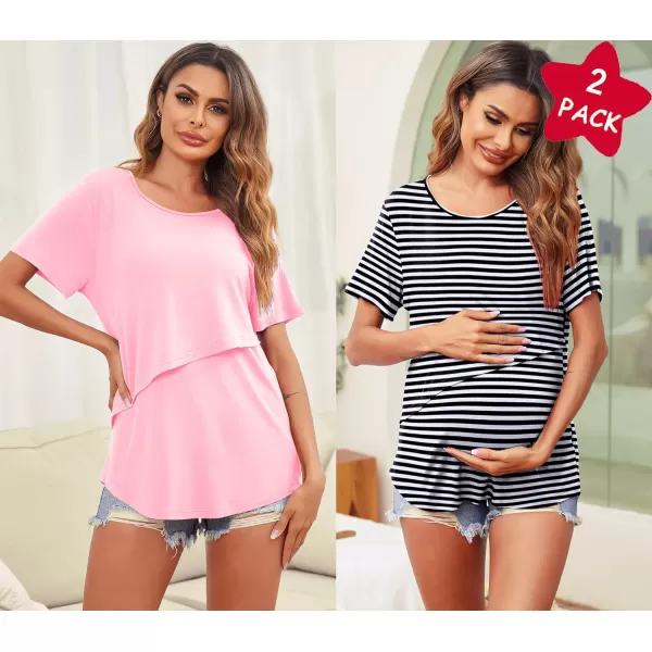 Ekouaer Womens Maternity Nursing Tops Short Sleeve Double Layer Breastfeeding Tee Shirts SXXL2pcspinkampblack and White Stripe