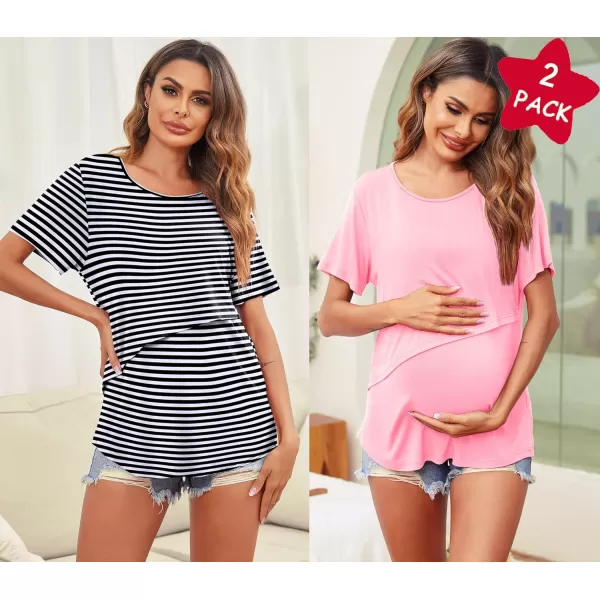 Ekouaer Womens Maternity Nursing Tops Short Sleeve Double Layer Breastfeeding Tee Shirts SXXL2pcspinkampblack and White Stripe