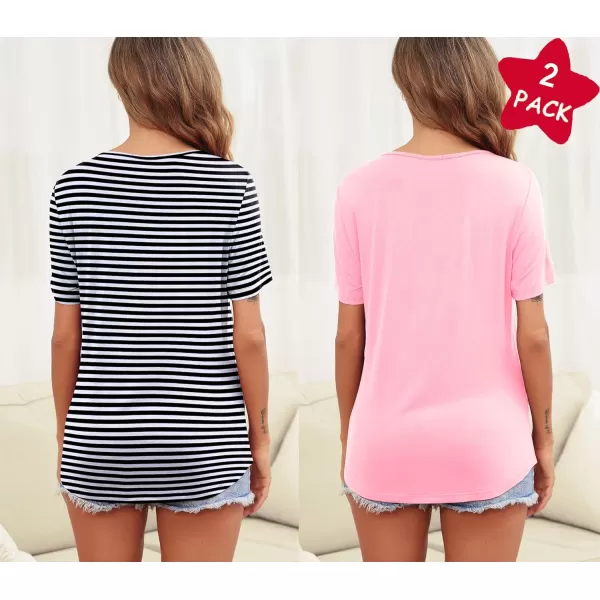 Ekouaer Womens Maternity Nursing Tops Short Sleeve Double Layer Breastfeeding Tee Shirts SXXL2pcspinkampblack and White Stripe