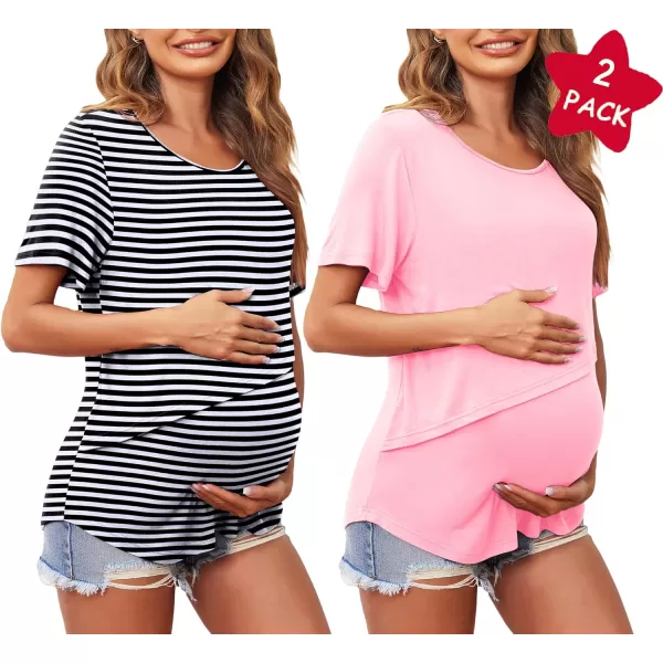 Ekouaer Womens Maternity Nursing Tops Short Sleeve Double Layer Breastfeeding Tee Shirts SXXL2pcspinkampblack and White Stripe