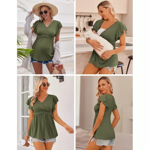 Ekouaer Womens Maternity Shirts 3 Packs Flying Short Sleeve Nursing Tops V Neck Breastfeeding Tees Pregnancy ClothesArmy Green  Grey  Black3pcs