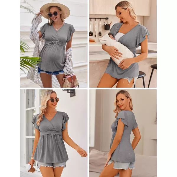 Ekouaer Womens Maternity Shirts 3 Packs Flying Short Sleeve Nursing Tops V Neck Breastfeeding Tees Pregnancy ClothesBlackgreylake Blue3pcs