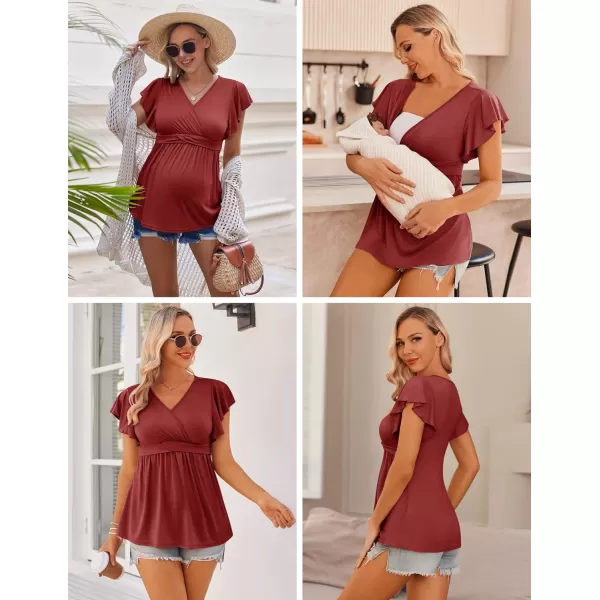 Ekouaer Womens Maternity Shirts 3 Packs Flying Short Sleeve Nursing Tops V Neck Breastfeeding Tees Pregnancy ClothesCaramelgreywine Red3pcs