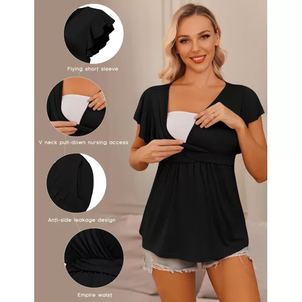 Ekouaer Womens Maternity Shirts 3 Packs Flying Short Sleeve Nursing Tops V Neck Breastfeeding Tees Pregnancy ClothesLake Greenblacklake Blue3pcs