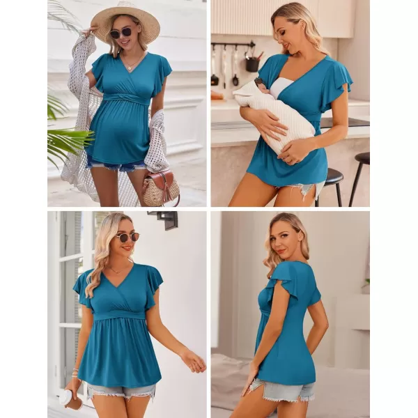 Ekouaer Womens Maternity Shirts 3 Packs Flying Short Sleeve Nursing Tops V Neck Breastfeeding Tees Pregnancy ClothesLake Greenblacklake Blue3pcs