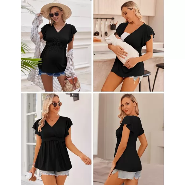 Ekouaer Womens Maternity Shirts 3 Packs Flying Short Sleeve Nursing Tops V Neck Breastfeeding Tees Pregnancy ClothesLake Greenblacklake Blue3pcs