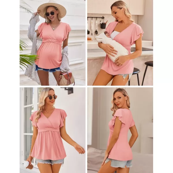 Ekouaer Womens Maternity Shirts 3 Packs Flying Short Sleeve Nursing Tops V Neck Breastfeeding Tees Pregnancy ClothesLight Greyblackorange Pink3pcs